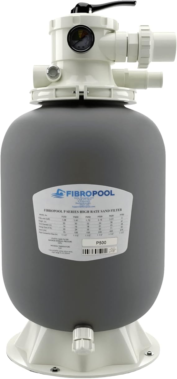FibroPool Sand Filter - 6-Way Valve - 14 in, 75 lb - Polypropylene | For Above Ground Pools Up To 3500 gal, For Pumps Up To 0.5 HP, 1.5 in Connections, Round Tank Design, Pump Not Included