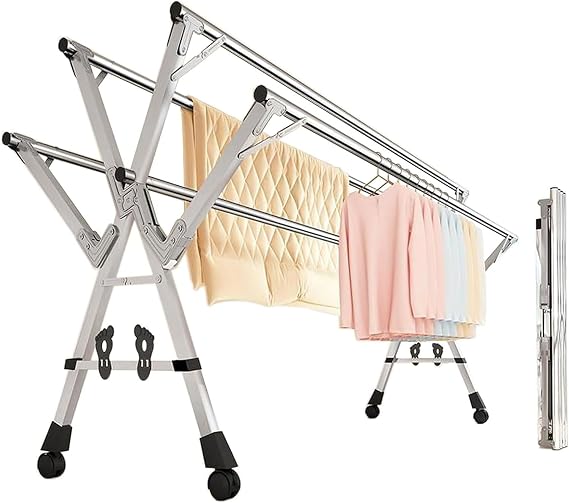Clothes Drying Rack - 5-Rod Heavy Duty Stainless Steel Retractable & Foldable Laundry Dryer, Portable Outdoor Indoor Drying Rack for Clothes with Wall Mount(63ft)