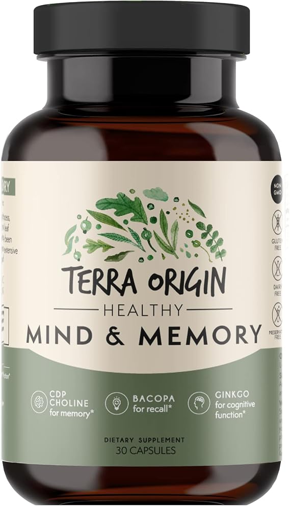 TERRA ORIGIN Healthy Mind and Memory Support Supplement | Cognitive Memory Matrix | Nootropic CDP, Bacopa, L-Tyrosine, Huperzine A, Ginko, B12 | Non GMO, Gluten Free, Dairy Free | 30 Capsules