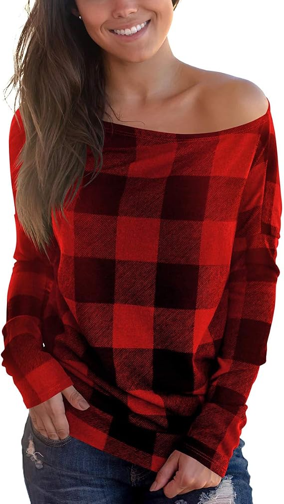 Cosonsen Women's Off Shoulder Top Long Sleeve Plaid Tee Shirt Blouse