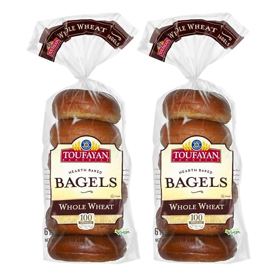 Toufayan Whole Wheat Plain PreSliced Bagels Vegan, Kosher, 2 Packs (12 Bagels Total), Soft Texture, Great for Breakfast or Sandwiches