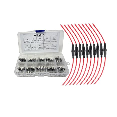 Automotive Car Inline Screw Type 5x20mm AGC Fuse Holder 16 Awg Wire 10 Pieces + Quick Fast-blow Glass Tube Fuse 5 x 20 mm Assorted Kit (Pack of 100)
