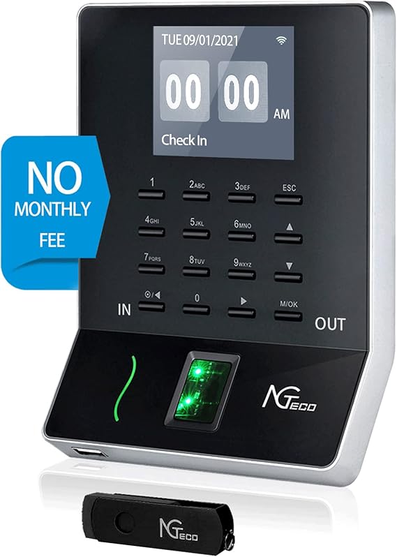 NGTeco Time Clock, Time Card Machine, W2 Fingerprint Time Clocks for Employees Small Business Automatic in and Out, LAN WiFi Punch Card Attendance with App for iOS Android (0 Monthly Fees)
