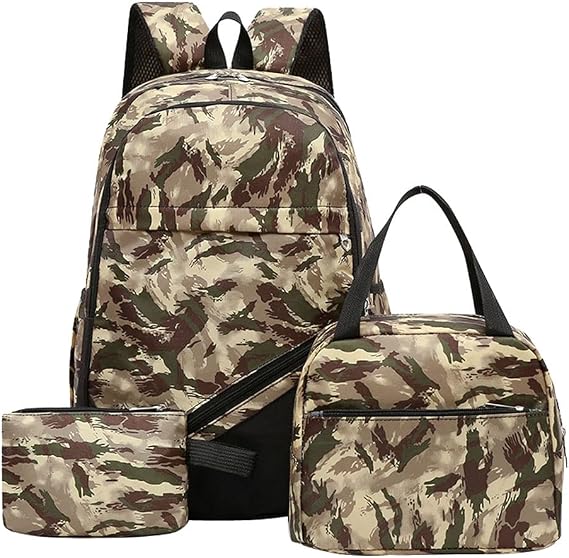 Teen Boys Girls Camouflage Backpack 3 Pcs Set, Waterproof Lightweight Backpack with Lunch Bag Pencil Case for School Hiking Travel (Brown)
