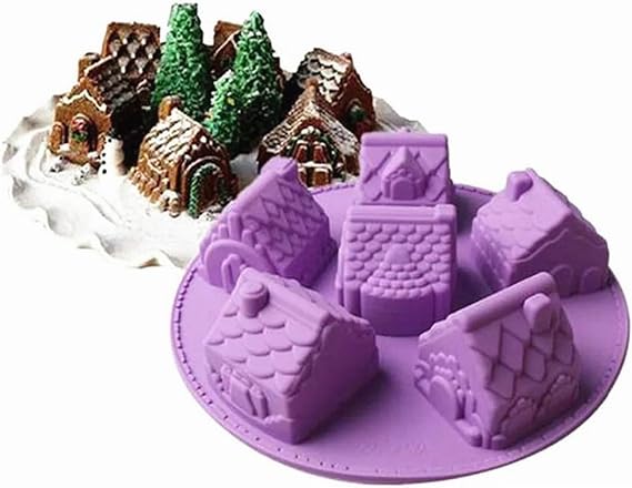 Joyeee 1 Pack Silicone Mold, 6 Cavity Non-Stick Cozy Village Baking Pan, Mini Christmas House Cake Molds for Brownies, Chocolate, Jelly, Pudding, Cupcake, Ice-Cream