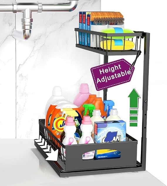 Under Sink Organizer, Height adjustable Under Sink Storage, Pull Out Cabinet Storage Shelves, Slide Out Drawer for Kitchen Bathroom Pantry USO002