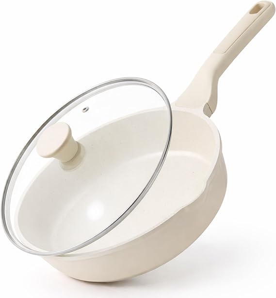 SENSARTE Nonstick Ceramic Skillet with Lid 10-inch, 3.5QT Non Toxic Deep Frying Pan, Dishwasher Safe Saute Pan with Lid, Stay-cool Handle, Healthy Cooking Pot, Induction Compatible, Cream White