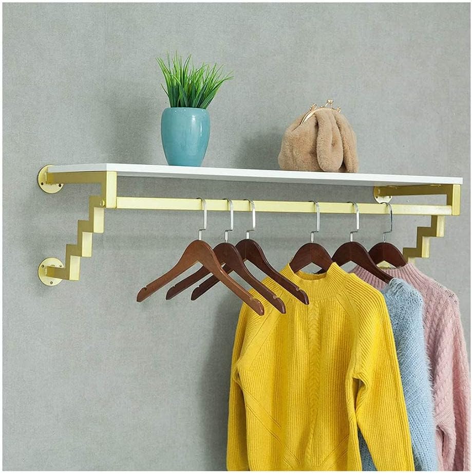 Wall Mounted Clothes Rack with Storage Shelf, Metal and Wood Clothing Display Shelves Space Saving Garment Rack Dress Hanger for Home, Retail Store, Laundry Clothes Hanging Organizer Color : Gold