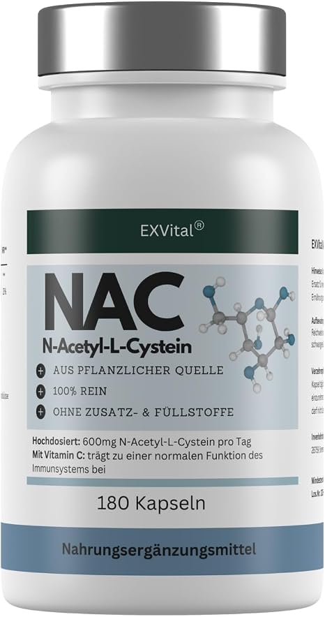 EXVital NAC Capsules 600 mg per Capsule 180 Vegan Capsules with N-Acetyl-Cysteine High Dose N-Acetyl-L-Cysteine Laboratory Tested & No Additives