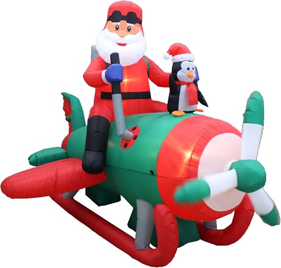 8 FT Long Christmas Inflatable Santa Claus with Penguins | Animated, On Airplane Decor, Outdoor Indoor Holiday Decorations, Blow Up Lighted, Giant Lawn Inflatable