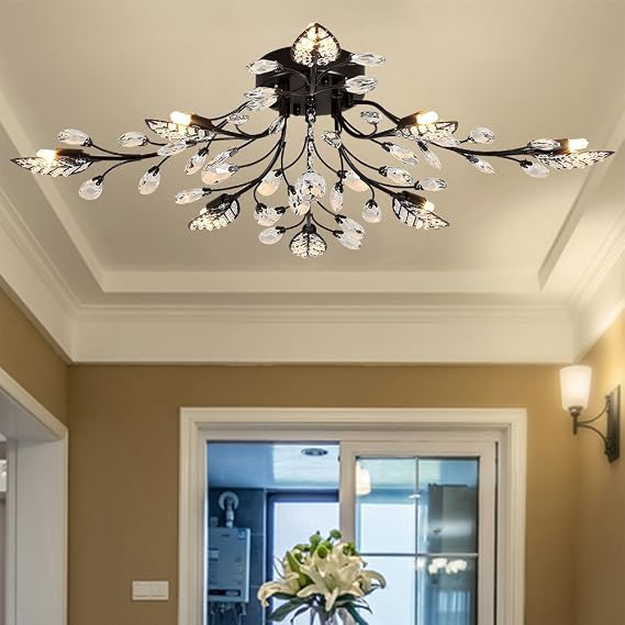 LightInTheBox Vintage Brass Crystal Branch Chandelier Flush Mount Crystal Ceiling Lights Fixture Tree Leaves Pendant Light for Living Room Dining Room