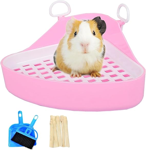 Hamiledyi Guinea Pig Potty Trainer Corner, Small Animals Triangle Plastic Litter Box, Bedding Litter Box Pee Pan Tray Toilet for Hamster Gerbil Bunny Ferret Chinchilla Hedgehog (Pink)