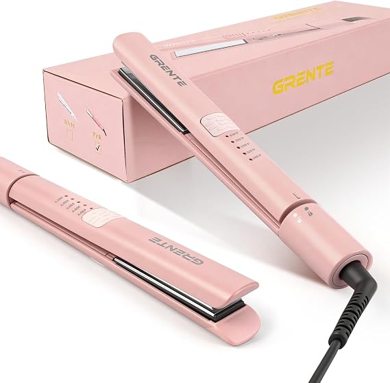 Titanium Flat Iron Travel Hair Straightener and Curler 2 in 1 with Quick Fast Heating, 1 Inch Professional Straightening Iron, 5 Temp Settings for All Hair Types, Dual Voltage & Auto-Shut Off(Pink)