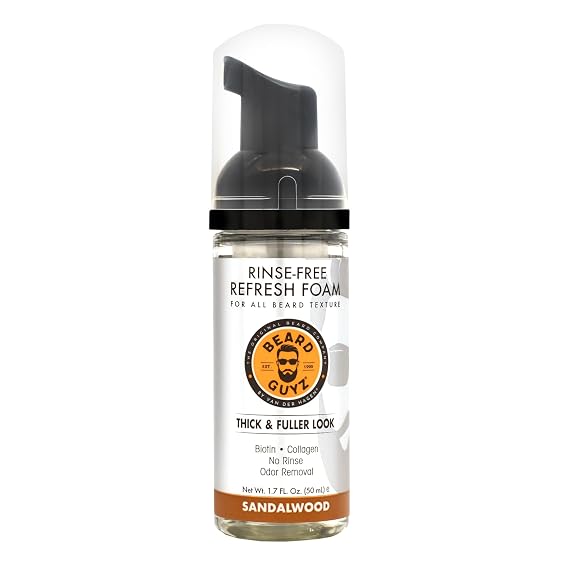 Beard Guyz RinseFree Refresh Foam Waterless Beard Cleanser & Refresher NoRinse Beard Wash Foam with Biotin & Collagen Portable Beard Freshener (1.7 oz)