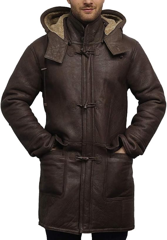 BRANDSLOCK Mens Real Shearling Sheepskin Leather Warm Duffle Trench Coat (XS - (Fits Chest: 39" - 40"), Brown & Brown)