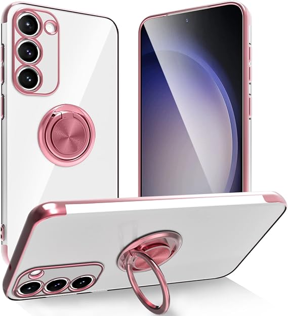Designed for Samsung Galaxy S23 Plus Case with Stand, Ring Holder Kickstand, Support Magnetic Car Mounts, Soft TPU Bumper, Non-Yellowing Anti-Scratch Anti-Fingerprint, Clear and Pink