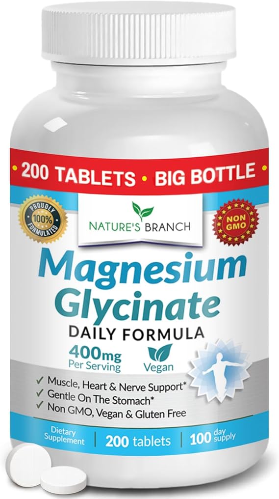 Magnesium Glycinate 400mg | 200 Tablets High Absorption for Sleep & Heart | Mag Supplements for Cramps, Muscle & Calm Non Buffered Bisglycinate, Extra Strength for Men and Women, Tablets Not Capsules