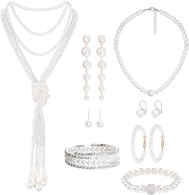 8Pcs Faux Pearl Jewelry Set for Women, Pearl Necklace Earring Bracelet Set for Wedding Bridal Shower Party Costume Accessories Gifts