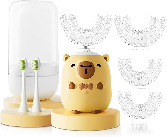 Kids Electric Toothbrush U-Shaped Capibara with 6 Pieces | Full Mouth Cleaning Sonic Toddler Automatic Toothbrush IPX7 Waterproof Yellow Age 2-14