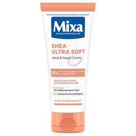 Mixa Shea Ultra Soft Hand & Nagelcreme - pflegender Handbalsam für trockene rissige und raue Hände Schutz & intensive Pflege mit Glycerin und Sheabutter 100 ml
