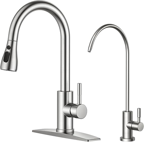 FORIOUS Pull Down Kitchen Faucet and Water Filter Faucet, Brushed Nickel | Single Handle Stainless Steel, Modern Bar Sink Faucet and Drinking Purifier Faucet Set for Kitchen Sink RV Farmhouse Camper
