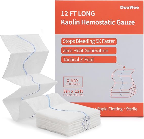 DooWee Kaolin Hemostatic Gauze Advanced Z-Fold Combat Dressing for Emergency Bleeding Control, Quick Clotting Gauze with X-Ray Line for First Aid & IFAK Kits, 3in x 12ft