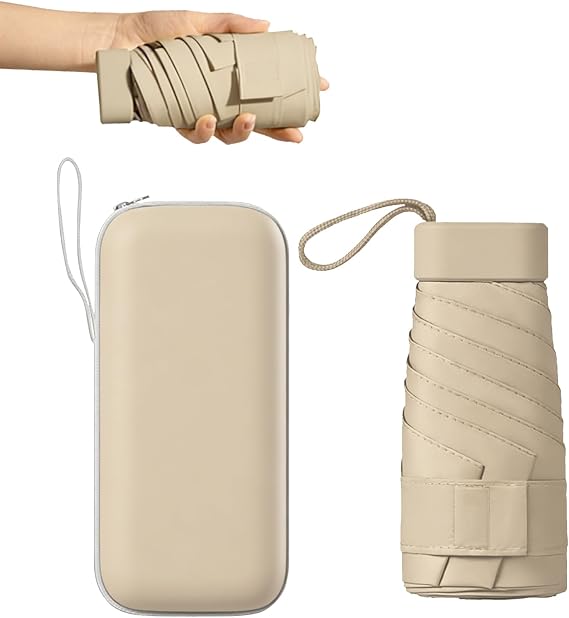 Mini Folding Travel Umbrella, Windproof Strong, UV Protection, 6 Ribs, Pocket Umbrella with Capsule Case for Women, Men, Girls-Beige