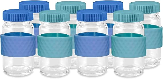 Glass Juice Shot Bottles with Colored Caps & Grip Bands, Clear, 2oz