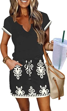 SAUKOLE Women Summer T Shirt Dress Casual Short Sleeve V Neck Dress with Pockets Drawstring Waist Short Dresses