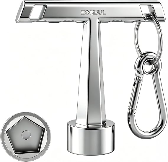 EVRBUL Upgraded Stainless 13/16" Penta Curb Box Key Wrench with Anti-Loss Keychain for Pentagon Curb Stop Boxes 5 Point Water Meter Key for Meter Pit Lids Water Valve Shut Off Tool