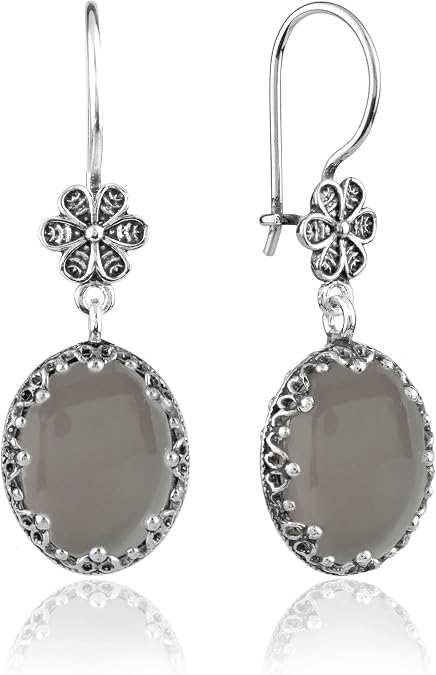 FILIGRANIST 925 Sterling Silver Filigree Art Oval Design Women Dangle Earrings with Gemstones
