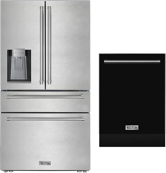 KOSTCH 2 Set - 36 inch 21.6 cu. ft. French Door Refrigerator/Fridge with Ice and Water Dispenser, Large Capacity 24 inch Top Control Built-In Dishwasher, 45-dBA Ultra-Quiet (Black-SS)
