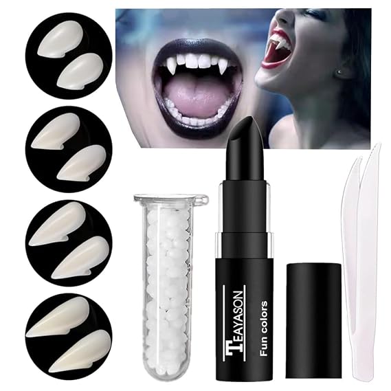 Go Ho 4 Pairs 4 Sizes Vampire Fangs Teeth with Adhesive,Black Lipstick for Halloween Costumes Makeup,Vampire Accessories Cosplay Costume Props Fangs