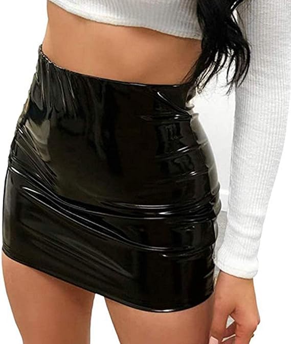 Women Neon Leather Mini Skirt Skinny Shiny Liquid Metallic Wet Look Latex Bodycon Short Skirts Party Night Club Skirt