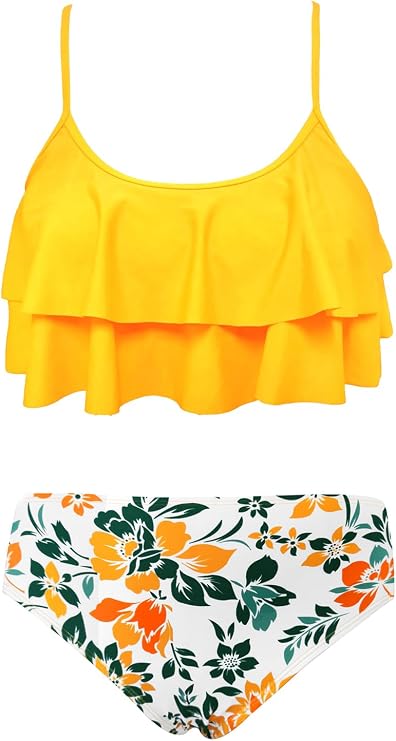 SHEKINI Girls Floral Print Bathing Suits Ruffle Flounce Two Piece Swimsuits | Girls Bikini,Girls Bathing Suit,Swimsuits for Kids,Kids Bikini,Girls 2 Piece Swimsuit,Summer Hawaii Beach Swimwear,6-12 Years