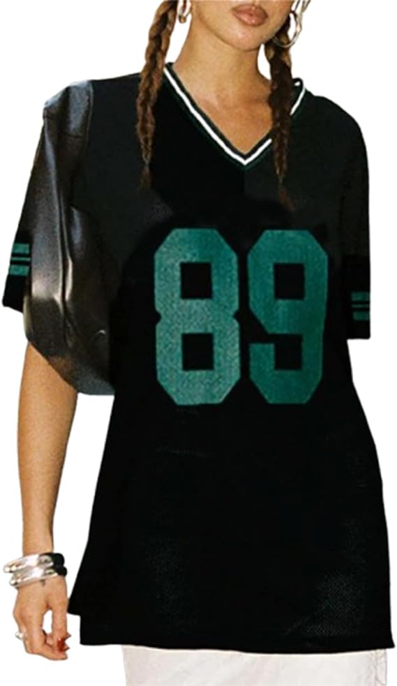 Women Y2k Jersey Shirts Short Sleeve V Neck Oversized Number Graphic T-Shirt Sport Casual Tee Tops Summer Streetwear