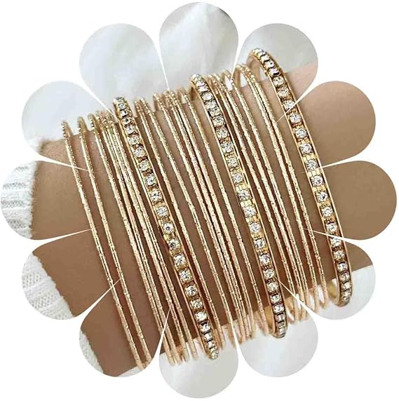 Boho Gold Bangle Bracelets Set Indian Bollywood Multi Bangles Punk Chunky Layered Stacking Textured Rhinestone Bracelets Ethnic Wedding Outfit Bracelets Jewelry for Women and Girls（21Pcs）