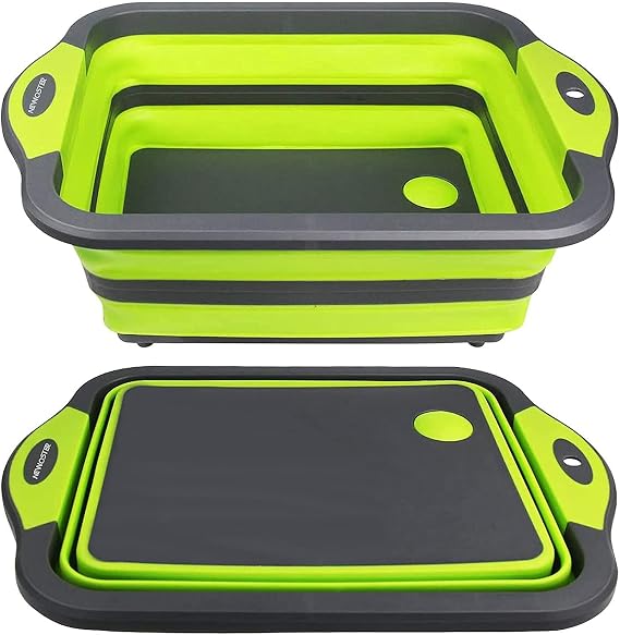Collapsible Cutting Board - Multifunction Chopping Board, Basin Drainer & Washing Bowl Dish Tub Draining Plug Kitchen Scissors Portable Drain Basket for Camping, Picnic, BBQ (Green)