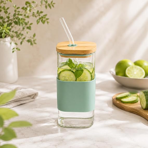 400 ML Bambu Kapaklı Cam Pipetli Bardak, Silikon Kılıflı Cam Su Bardağı, Yeniden Kullanılabilir Cam Pipetli İçecek Bardağı, Kahve Smoothie Soğuk İçecek Bardağı, Yeşil