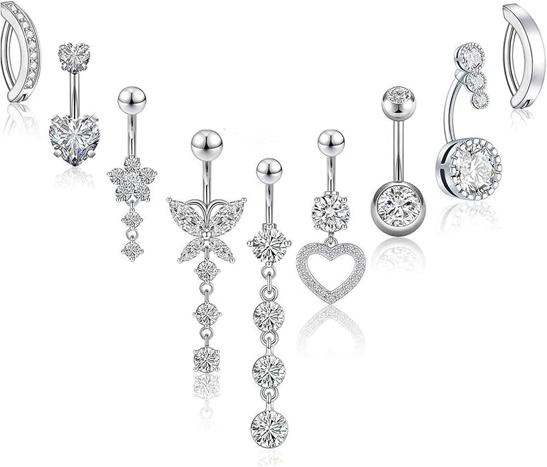 Belly Button Bars 9 Pack, Silver Belly Bar Set Navel Piercing Jewellery Belly Bars for Daily Wear Beach Holiday Party