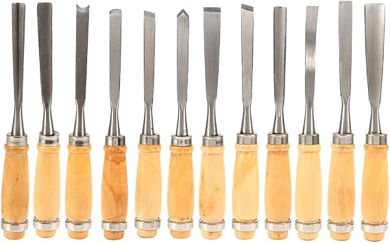 12-Piece Wood Carving Chisels Set 8" Hardened Steel Blades - Professional Woodworking Tools with Roll-Up Case for Artists and Woodworkers