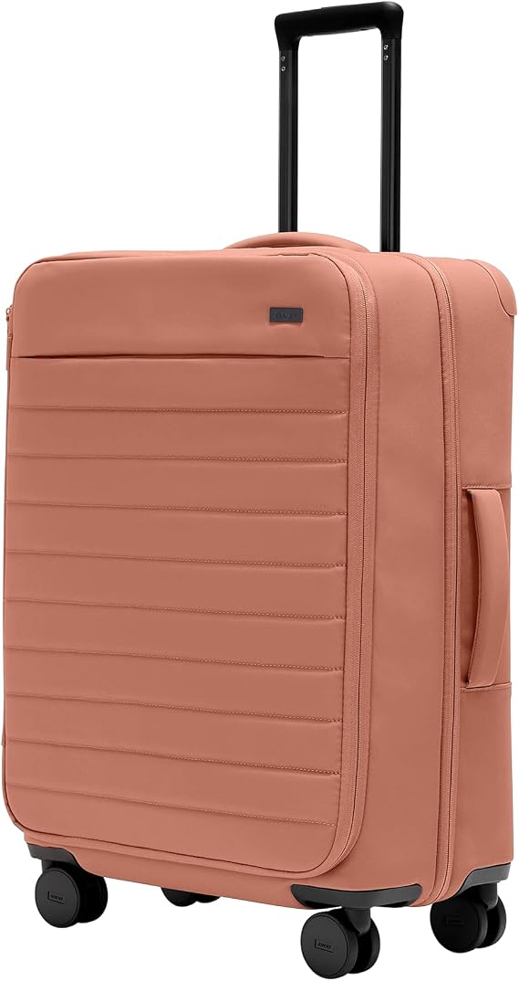 Away Softside Medium Checked Suitcase, 26 Inch Expandable Luggage For Men & Women, Durable Nylon Exterior, TSA Approved Lock, Ideal For Trips 1-2 Weeks, Clay Pink