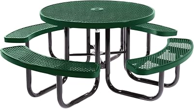COATEDOUTDOORFURNITURE Heavy-Duty Portable Outdoor Picnic Table with Umbrella Hole, Expanded Metal Commercial-Grade Patio Dining Furniture Made in America 46 Round Top, Green