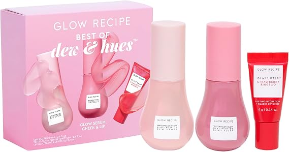 Glow Recipe Watermelon Glow Skin Care Set, Best of Dews & Hues - Full Size Niacinamide Dew Drops, Full Size Dewy Flush Watermelon Blush & Full Size Glass Balm Lip Treatment (3 Count)