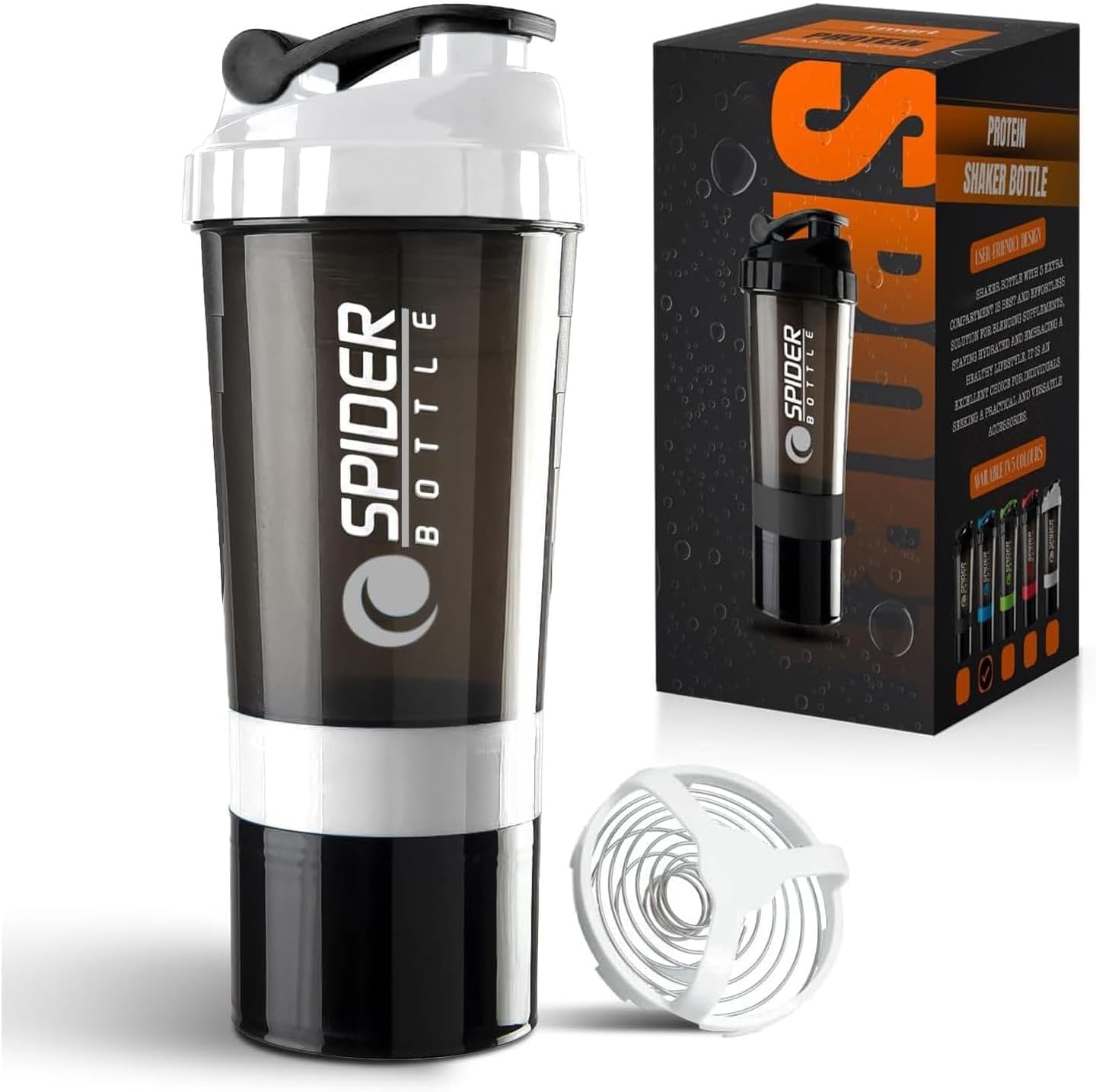Roe Tenpo Protein Shaker Bottle 500ml with Extra Compartment | BPA-Free Protein Bottle Shaker for Protein Shakes | Leak Proof & Dishwasher Safe | Protein Shake Gym Bottles for Men & Women White