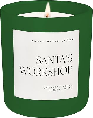 Sweet Water Decor Santas Workshop Christmas Scented Candles - Christmas Stocking Stuffers Soy Candles Fir & Musk Scent - Christmas Candles with 70 Hours Burn Time - 15Oz Green Matte Jar Wax Candles