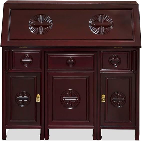 Dark Cherry Rosewood Longevity Design Asian Secretaire with Chair