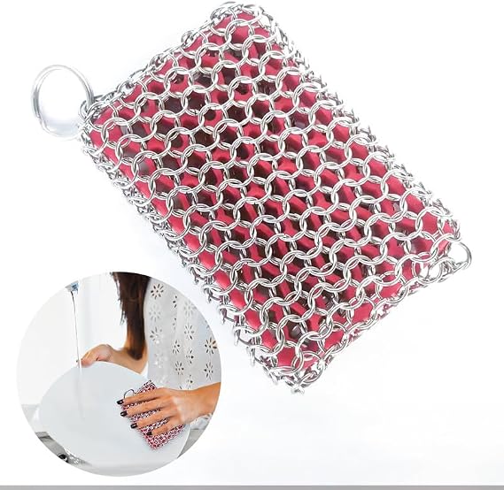 Cast Iron Skillet Cleaner, Chainmail Scrubber with Stainless Steel & Heat-Resistant Silicone, Suitable for Cast Iron Pans, Skillets, Pans, Wok