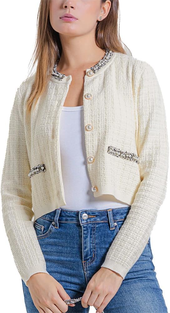 URBAN REVIVO Womens Cropped Cardigan Sweaters Open Front Casual Long Sleeve Knit Pearl Button Down Crew Neck Jacket 2025