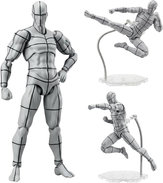 Ceenna Body Set, Action Figure Wireframe Adjustable Articulated Drawing Model Manikin Art Mannequin Figure for Artists Designers Sculptors Sketching Painting, Gray with Black Lines